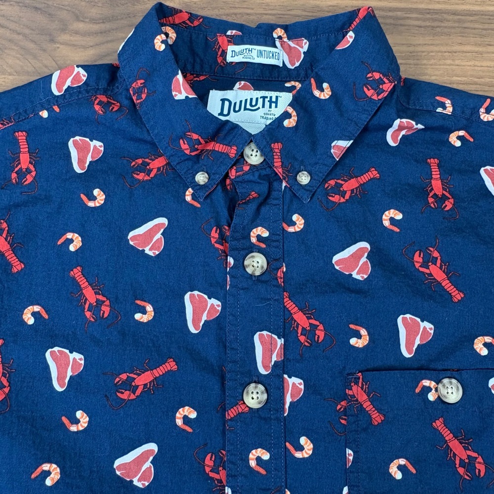 Duluth Untucked Button Down L Tall Navy Relaxed Surf Turf Steak Lobster Shrimp